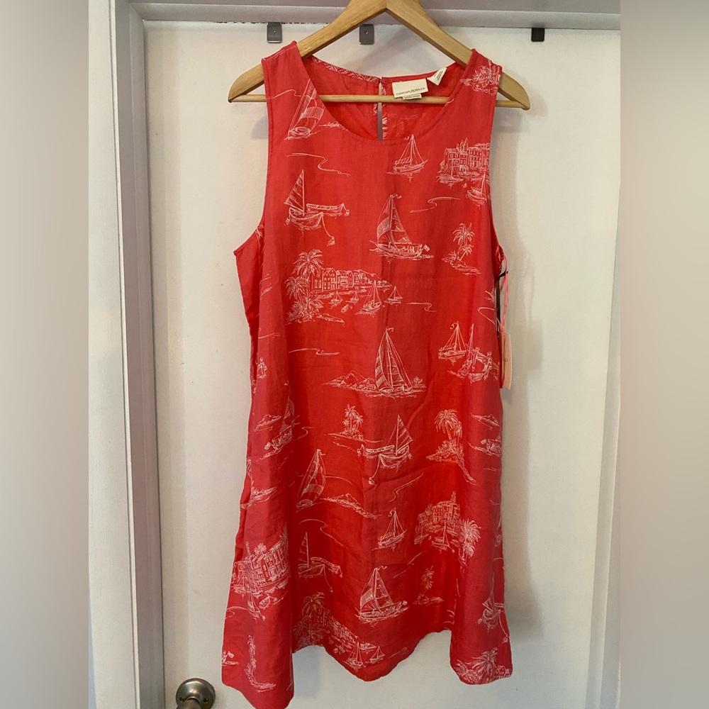 Cynthia Rowley linen a-line shift dress. Coral w white sailboat/palm design. NWT